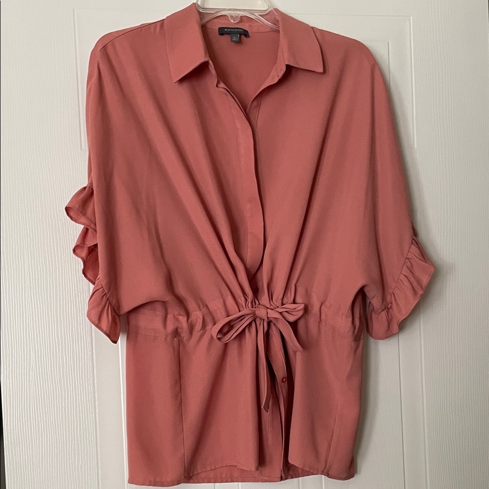 Madison Coral Tie-Waist Button Down Blouse